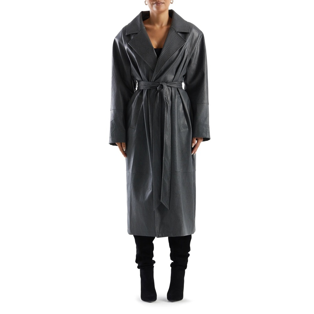 NWT Naked Wardrobe Oversize Snakeskin Print Belted Cocoon Coat Dark Grey - Small